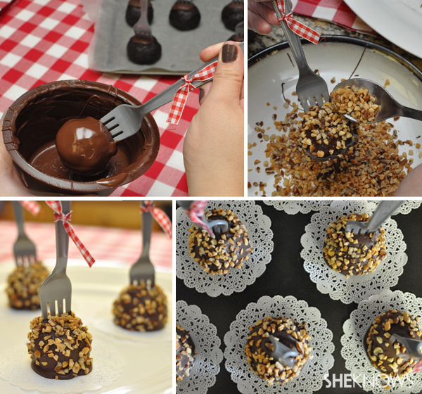 Dip in chocolate and cover in nuts
