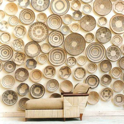 wicker plate collection as wall accent