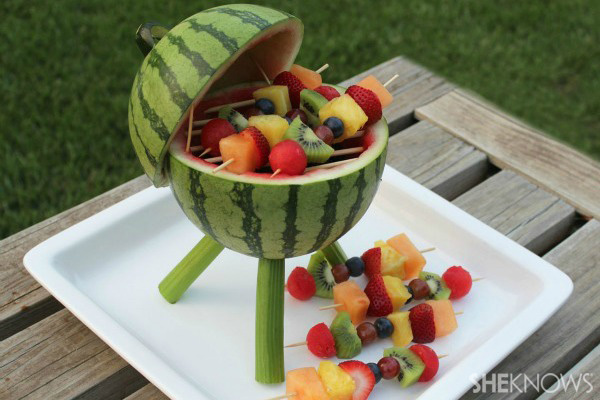 Watermelon grill with fruit kabobs