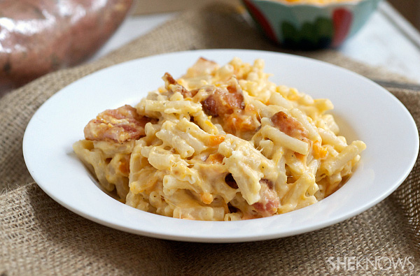 Creamy sweet potato and pork belly mac n' cheese