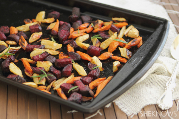 Sausage & spinach pearl couscous with roasted root vegetables