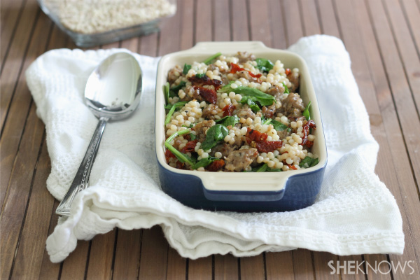 Sausage & spinach pearl couscous with roasted root vegetables