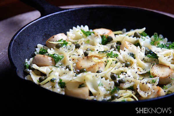 Vegan 'scallops' over pasta with creamy white wine sauce