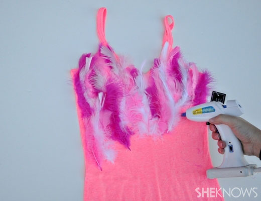 Flamingo costume: Step 3: Time to glue those feathers!