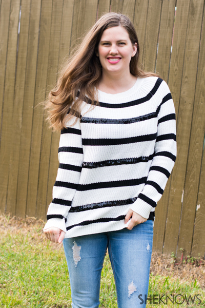 DIY Holiday sweater with sequin stripes | Sheknows.com -- final result