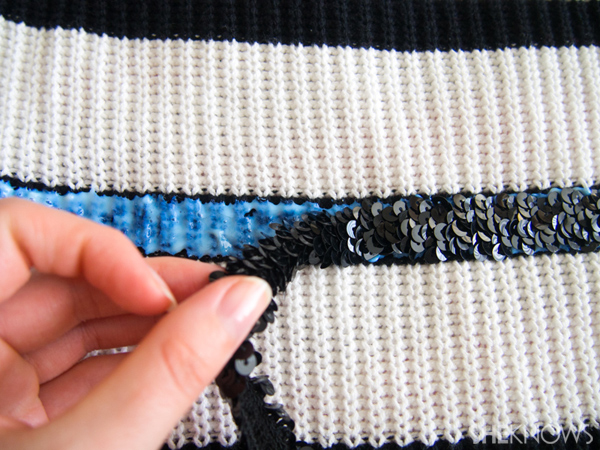 DIY Holiday sweater with sequin stripes | Sheknows.com -- glue