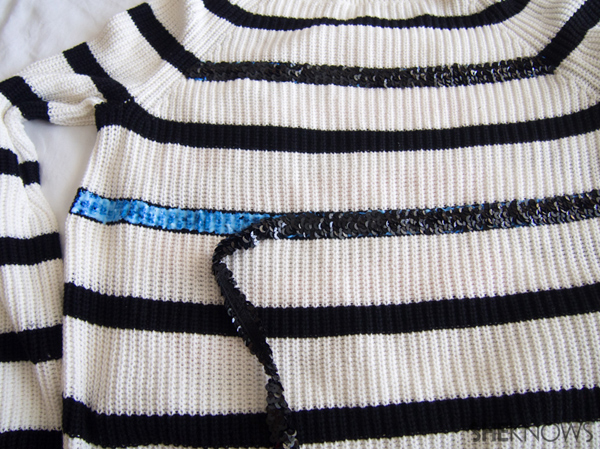 DIY Holiday sweater with sequin stripes | Sheknows.com -- glue