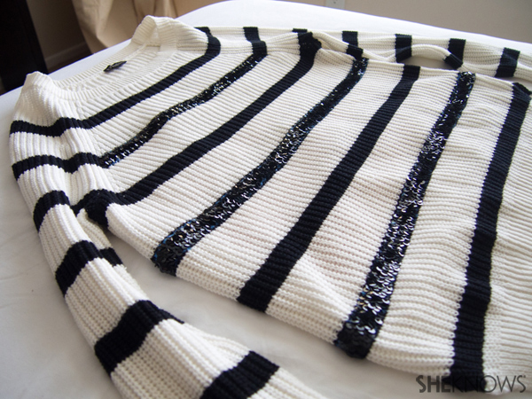 DIY Holiday sweater with sequin stripes | Sheknows.com -- final result