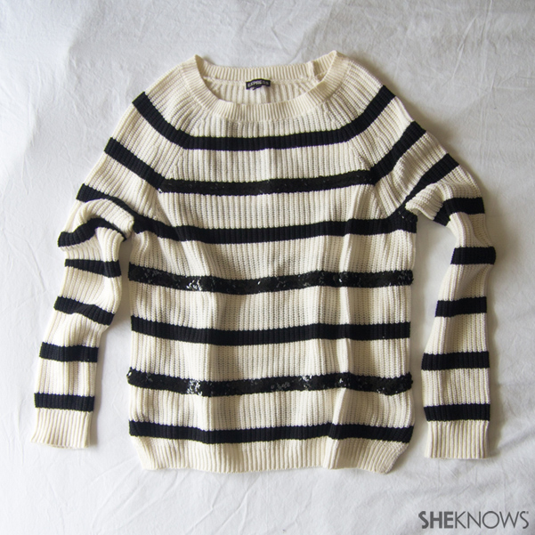 DIY Holiday sweater with sequin stripes | Sheknows.com -- final result