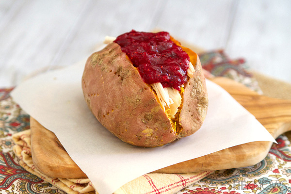 Cranberry and turkey stuffed sweet potatoes