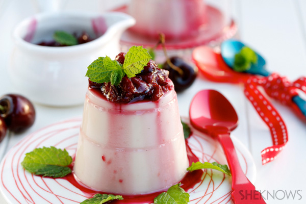 Vanilla panna cotta with cherry and brandy sauce