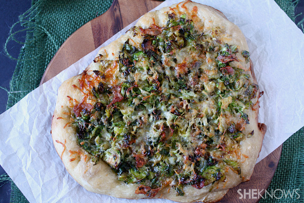 Brussels sprouts and bacon deep dish pizza