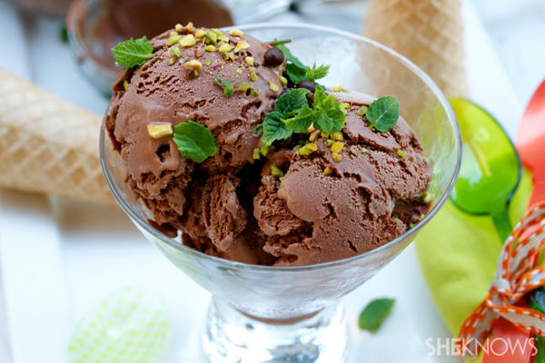 Rich dark chocolate and pistachio gelato