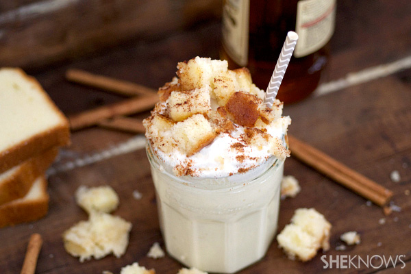 Eggnog milkshake with boozy pound cake croutons
