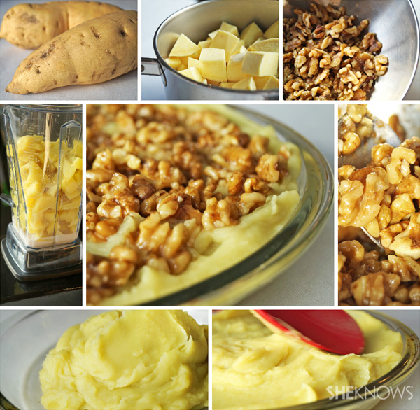 Mashed sweet potatoes with coconut candied walnuts