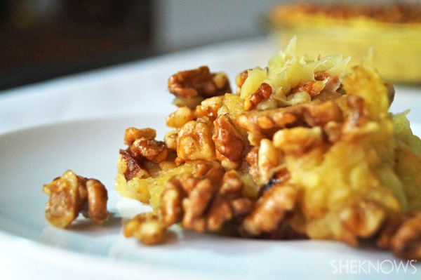 Mashed sweet potatoes with coconut candied walnuts