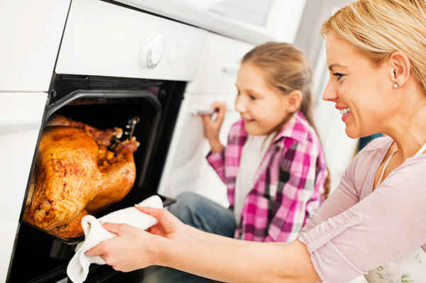 Woman cooking turkey in oven
