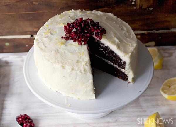 Double layer beet cake with lemon pomegranate frosting