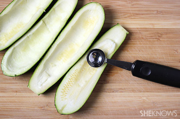 Quinoa and chicken-stuffed zucchini boats | Sheknows.com - remove zucchini flesh with melonballer