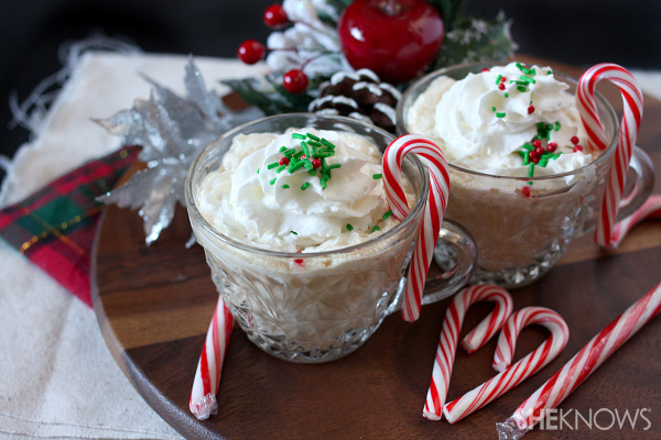 Boozy peppermint eggnog latte with homemade candy cane syrup