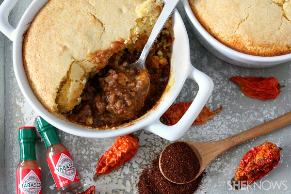 Chili topped with cornbread