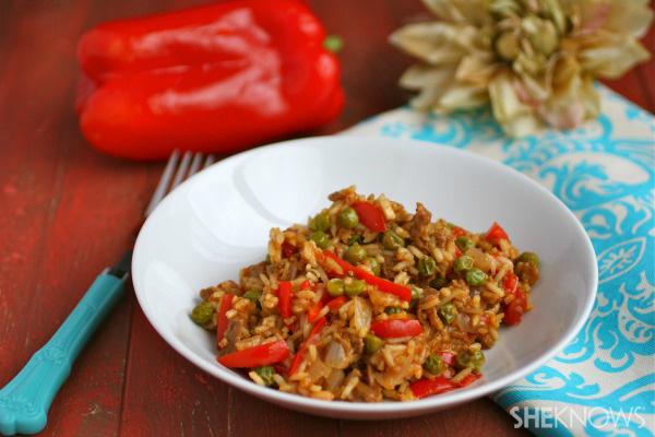 Vegan paella with soy chorizo