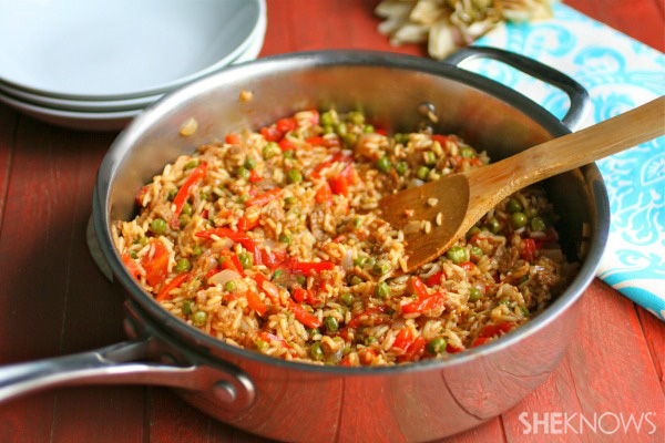 Vegan paella with soy chorizo