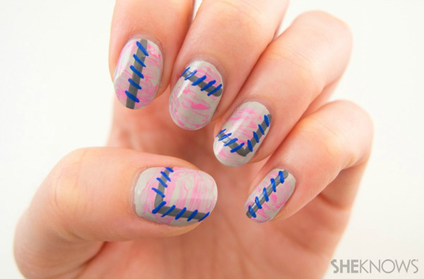 A nail design outlined in stitches