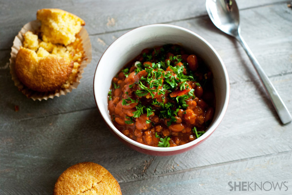 Spicy sweet potato turkey chili with honey cornbread