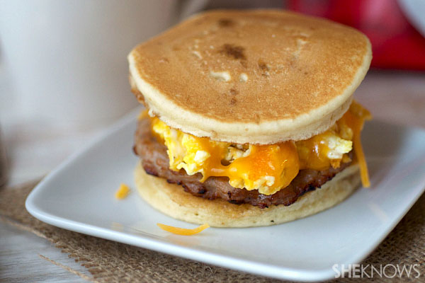 Cheesy scrambled egg pancake sandwiches