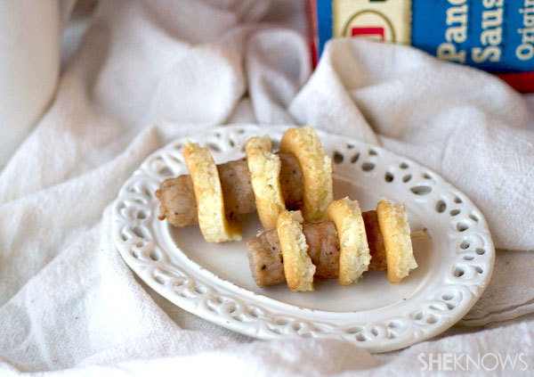 Mini pancake and sausage skewers