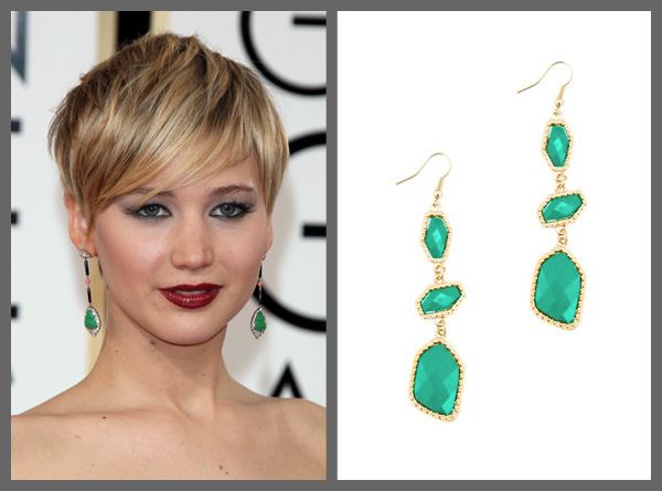Jennifer Lawrence wearing green drop earrings