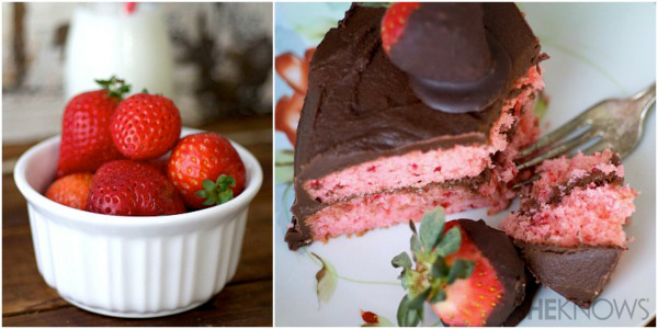 Strawberry cake with brownie frosting and chocolate covered strawberries