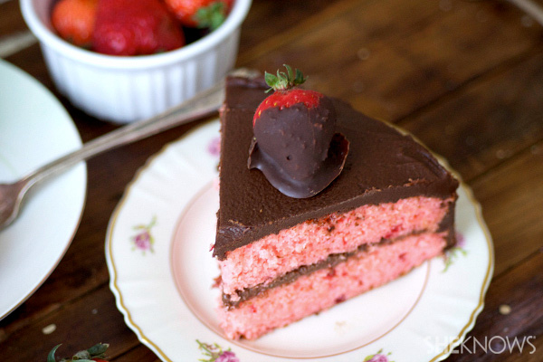 Strawberry cake with brownie frosting and chocolate covered strawberries