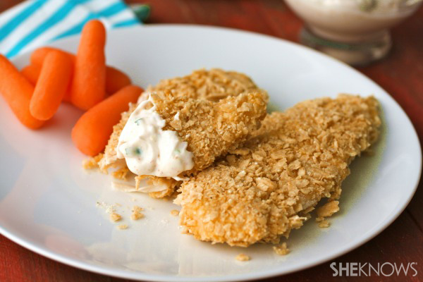 Tortilla chip-crusted baked chicken tenders with honey-mustard dip