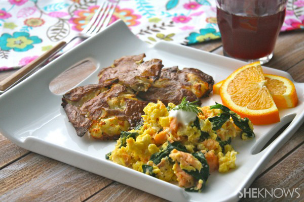 Smoked salmon & spinach scramble with smashed potatoes