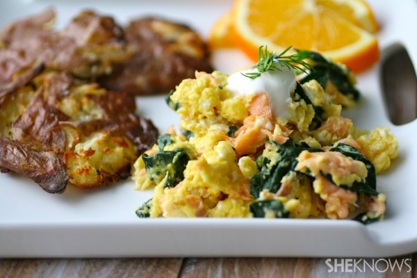 Smoked salmon & spinach scramble with smashed potatoes