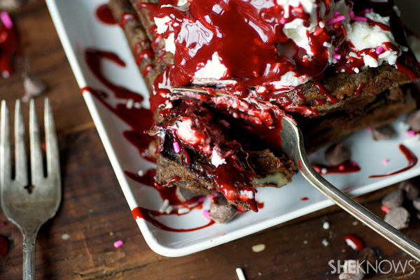 Triple chocolate brownie waffles with red velvet syrup