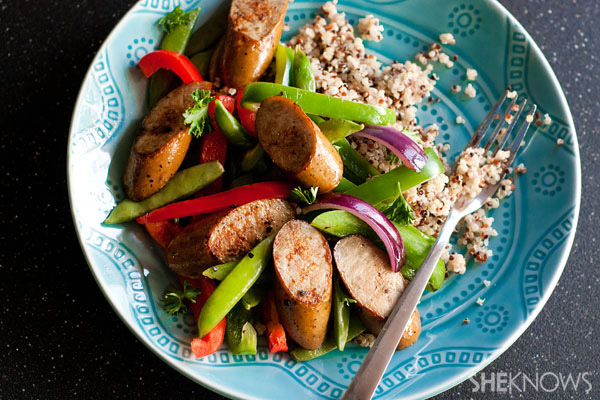 Organic chicken sausage and pepper stir fry