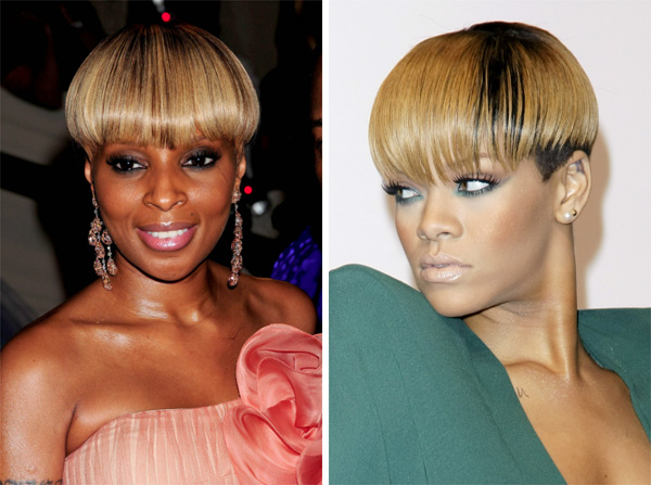 Rihanna and Mary J. Blige wearing bowl haircuts
