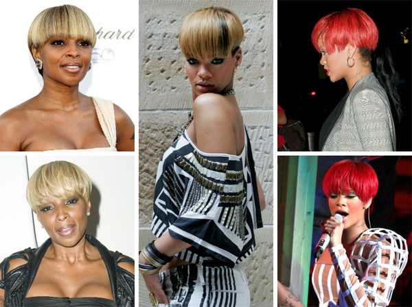 Rihanna and Mary J. Blige wearing bowl cuts