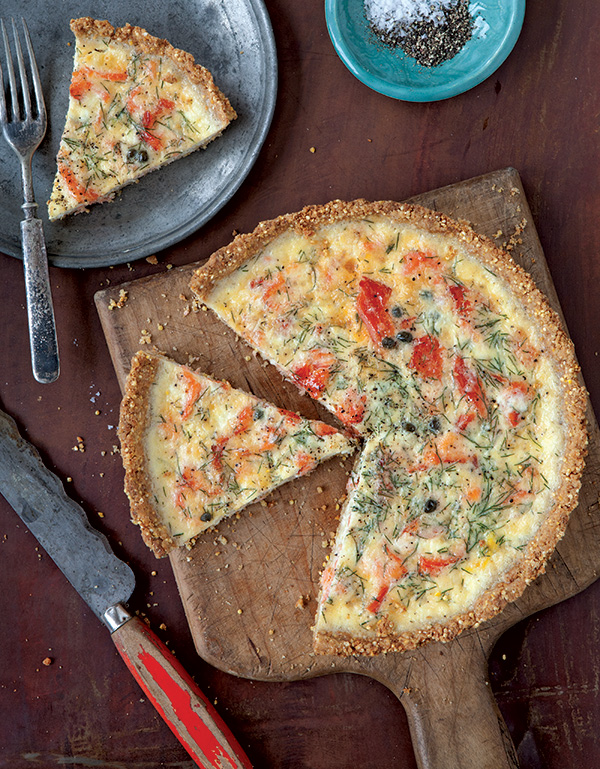 Smoked salmon crème fraîche tart with a cornmeal millet crust
