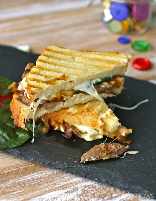 Caramelized onion, steak & Swiss chard panini