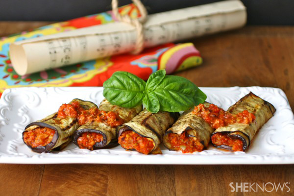 Vegan grilled eggplant rolls with roasted red pepper tapenade