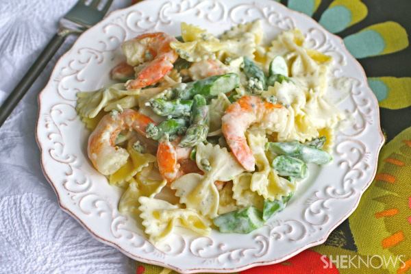 Farfalle with creamy blue cheese sauce, shrimp, and asparagus