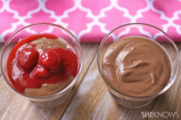 Vegan chocolate mousse with raspberry sauce