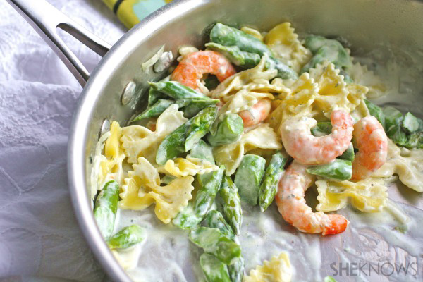 Farfalle with creamy blue cheese sauce, shrimp, and asparagus