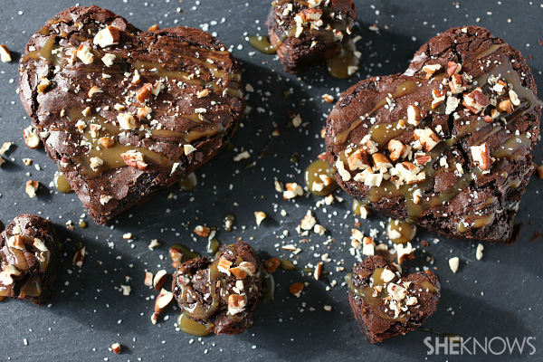 Salted caramel and pecan drizzled heart shaped brownies