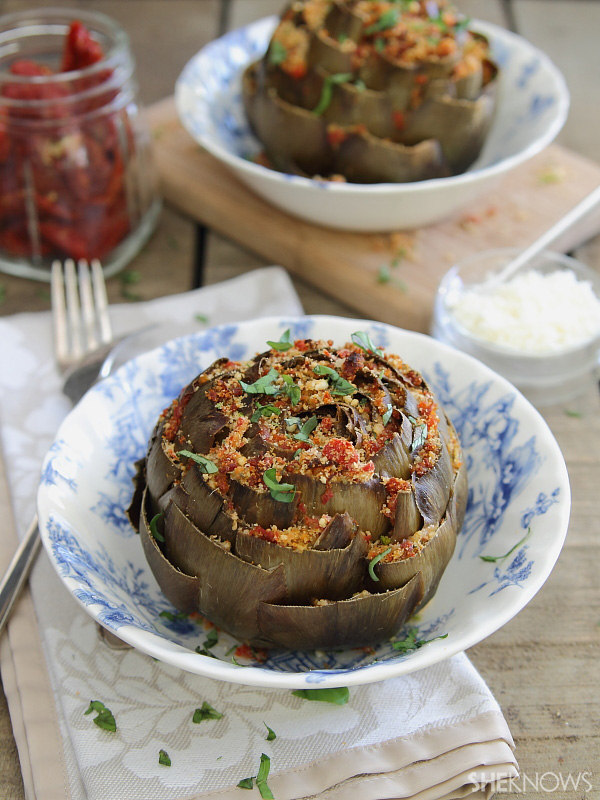 Sun dried tomato and feta stuffed artichokes