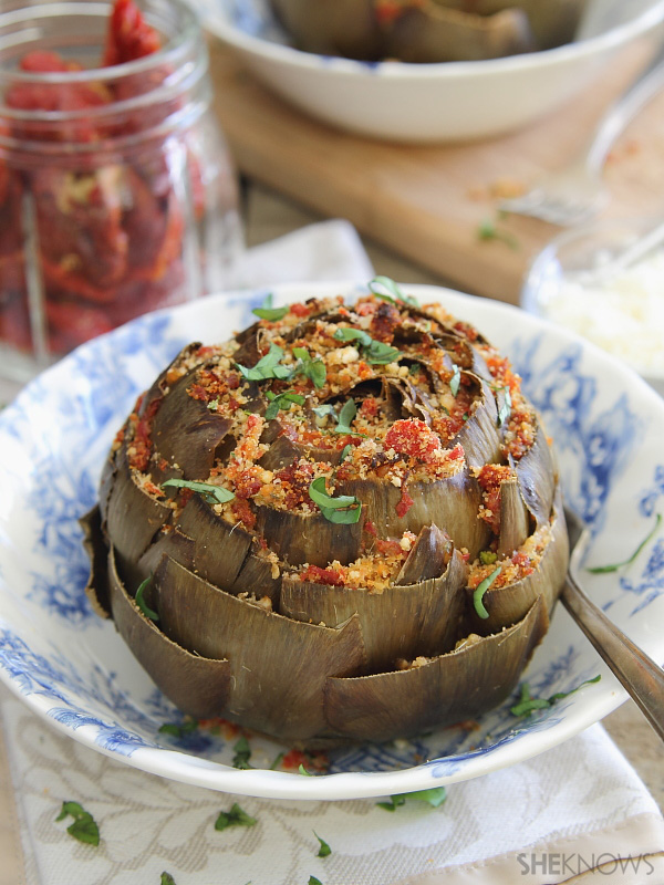 Sun dried tomato and feta stuffed artichokes